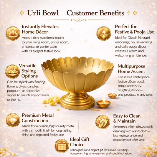 Pure Source India) Metal Lotus Urli Bowl with Pedestal Stand, Gold Finish, 8.5 Inch, Decorative Center Table & Pooja Décor for Floating Flowers, Diya & Festive Styling