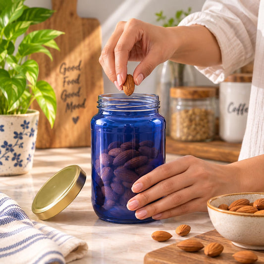 Pure Source India Blue Glass Jar with Gold Metal Lid, (1000ml), Airtight Kitchen & Pantry Container, Multipurpose Food Storage Jar