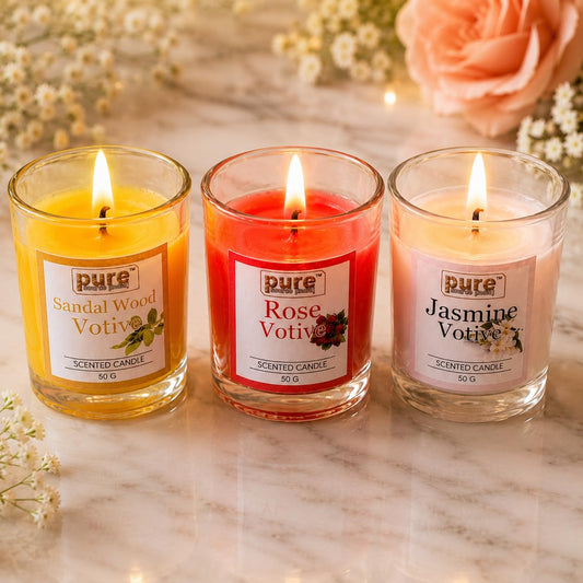 Pure Source India Pack of 6 Votive Glass Scented Candles, Diwali Home Decor Gift (Fragrance-Rose, Jasmine & Sandalwood)