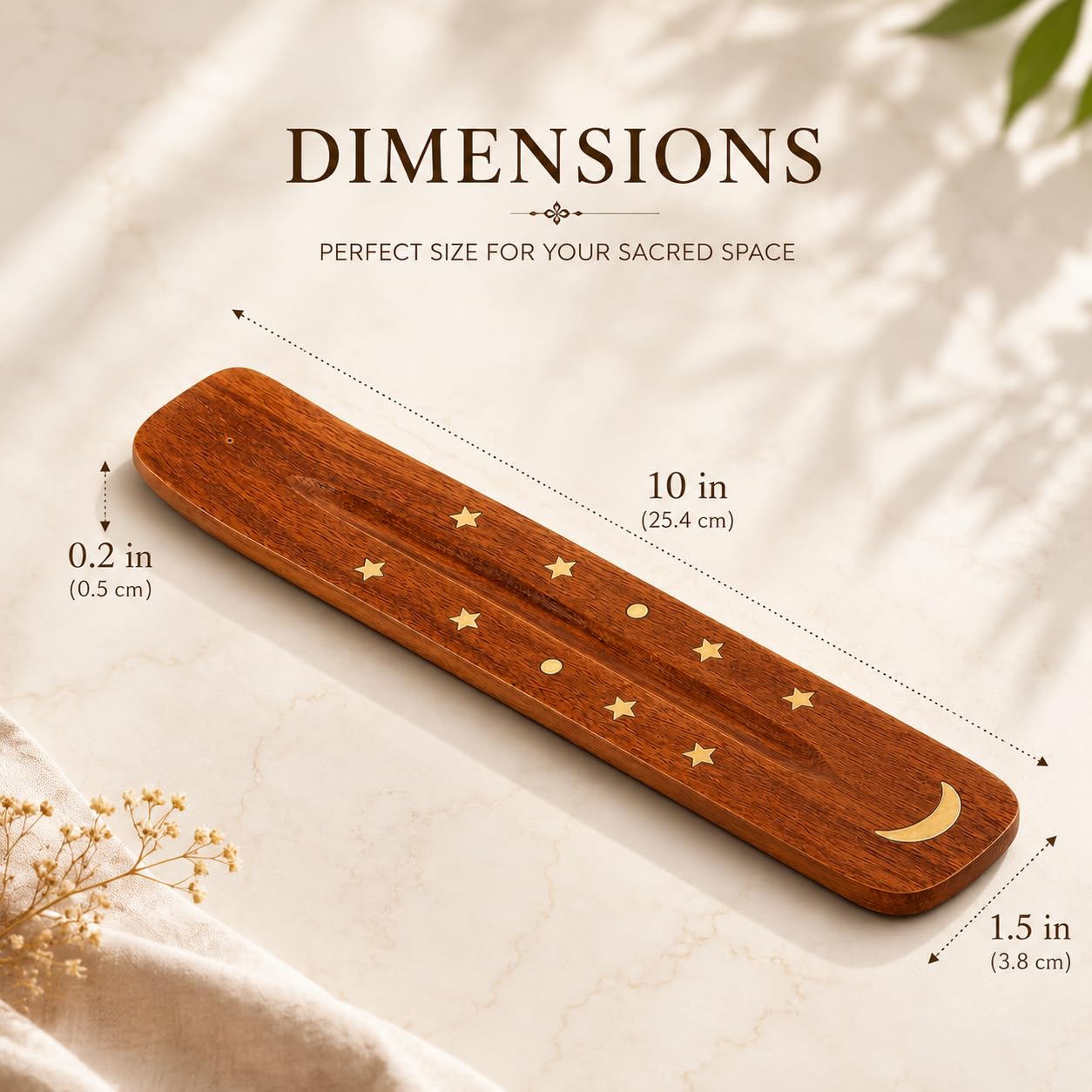 Wooden 10 inch Incense Stick Holder with Brass Moon & Star Inlay Design β Handmade Agarbatti Stand for Home, Puja, and Meditation