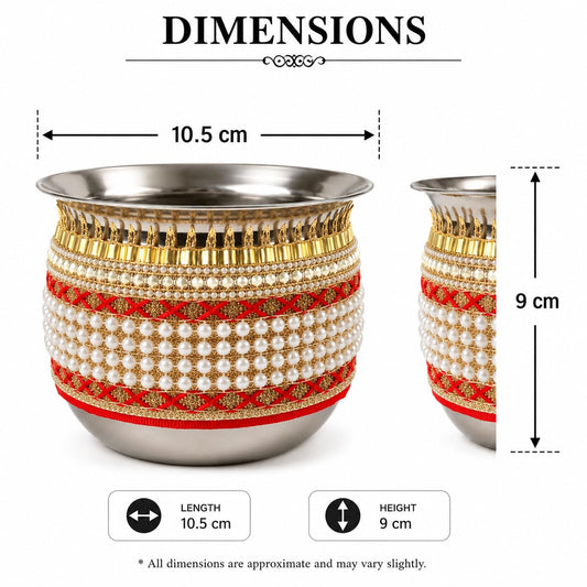 Pure Source India Handmade White Bead Embellished Karwa Chauth Pooja Thali Set, Steel Channi (Sieve), Karwa Lota | Traditional Karva Chauth Puja Kit for Married Women