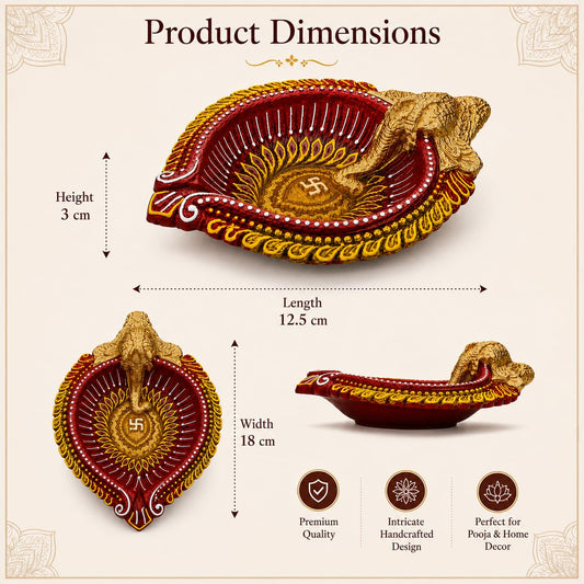 Pure Source India Decorative Ganesh Ji Diya | Handcrafted Red & Gold Oil Lamp with Swastik Design for Pooja, Diwali & Gifting