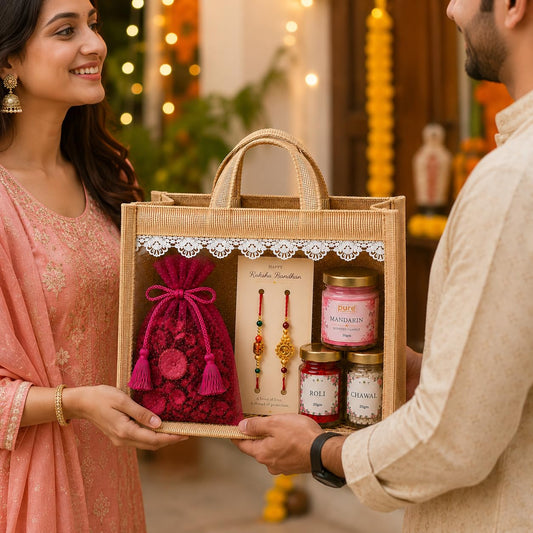 Pure Source India Raksha Bandhan Gift Hamper for Brother | Premium Jute Gift Bag with 2 Designer Rakhi, Mandarin Scented Candle, Pink Potpourri, Roli & Chawal