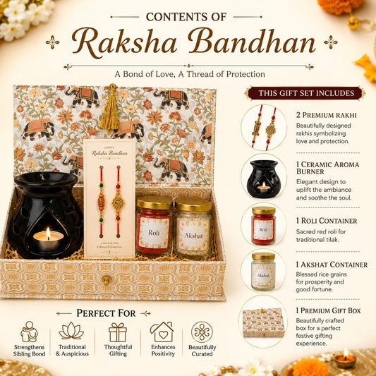 Pure Source India Rakhi Gift Set with Ceramic Aroma Burner, Premium Rakhi, Roli & Akshat | Raksha Bandhan Gift Hamper for Brother & Bhabhi
