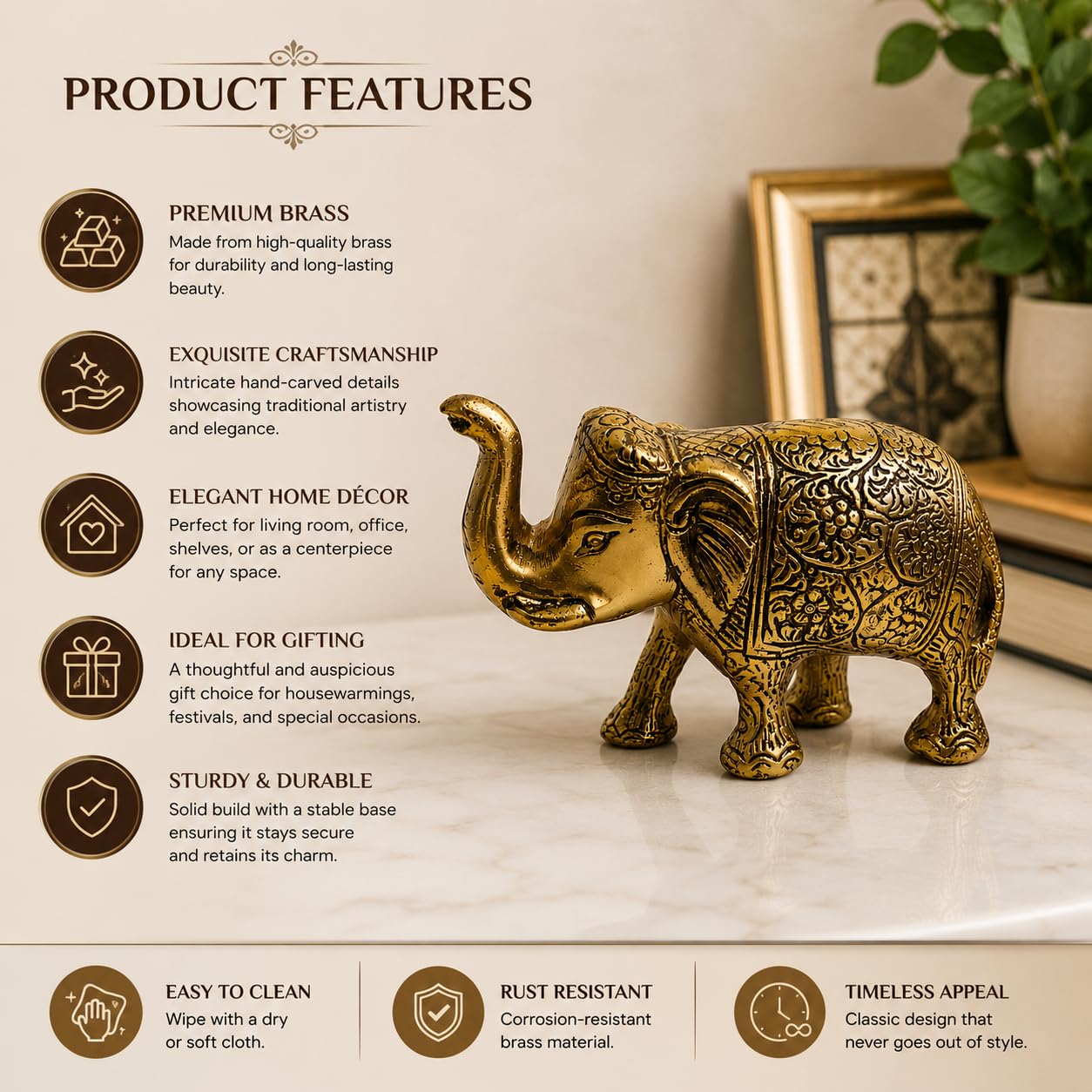 Brass Elephant Statue for Home Decor, Good Luck, Vastu, Feng Shui, Office & Gift – Handmade Decorative Elephant Figurine for Wealth & Prosperity