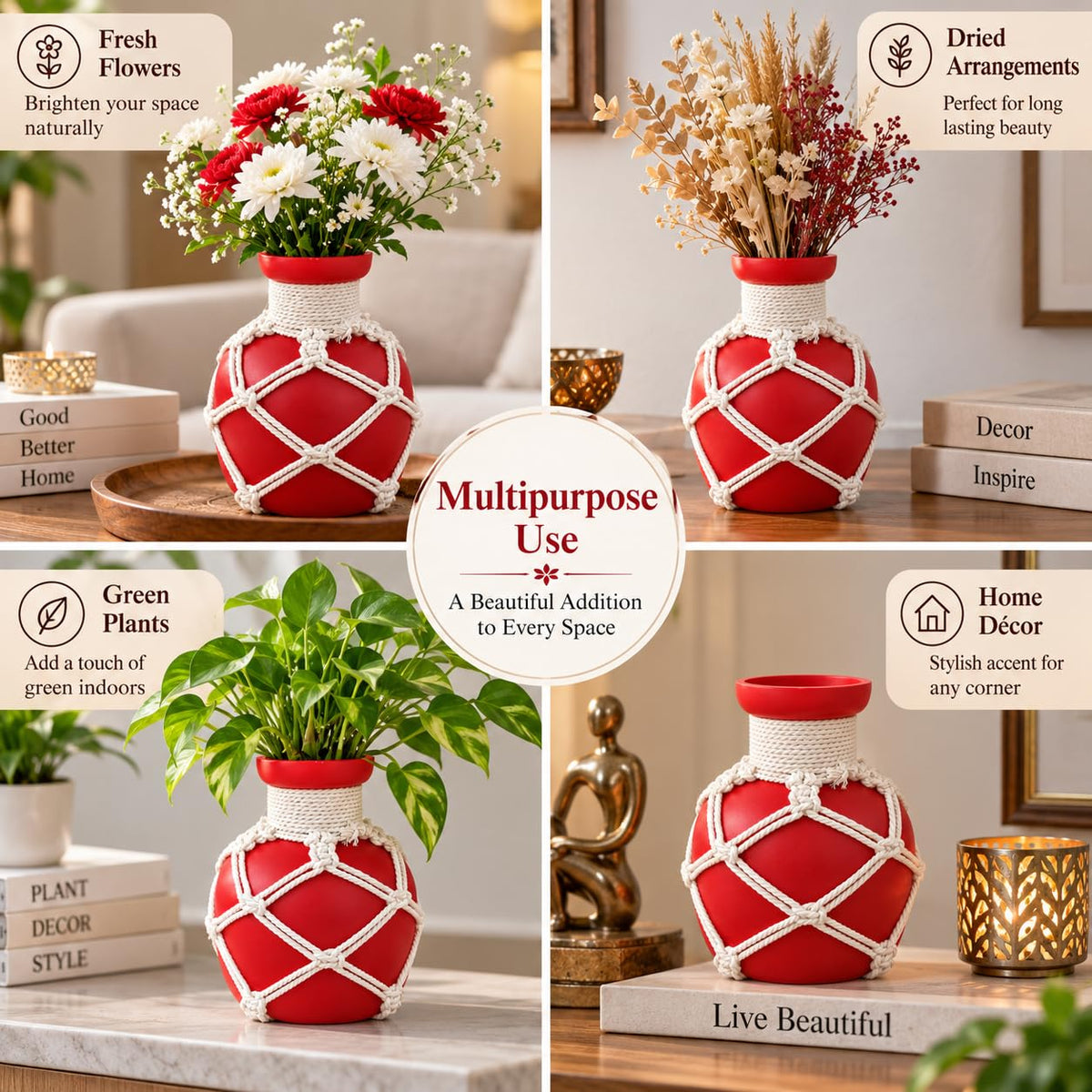 Pure Source India Decorative Red Flower Vase with Macramé Rope Design | Tabletop Home Décor Vase for Living Room, Dining Table & Office
