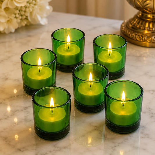 Pure Source India Set of 6 Glass Votive Tealight Candle Holders Green - Living Room Side Table Home Decoration