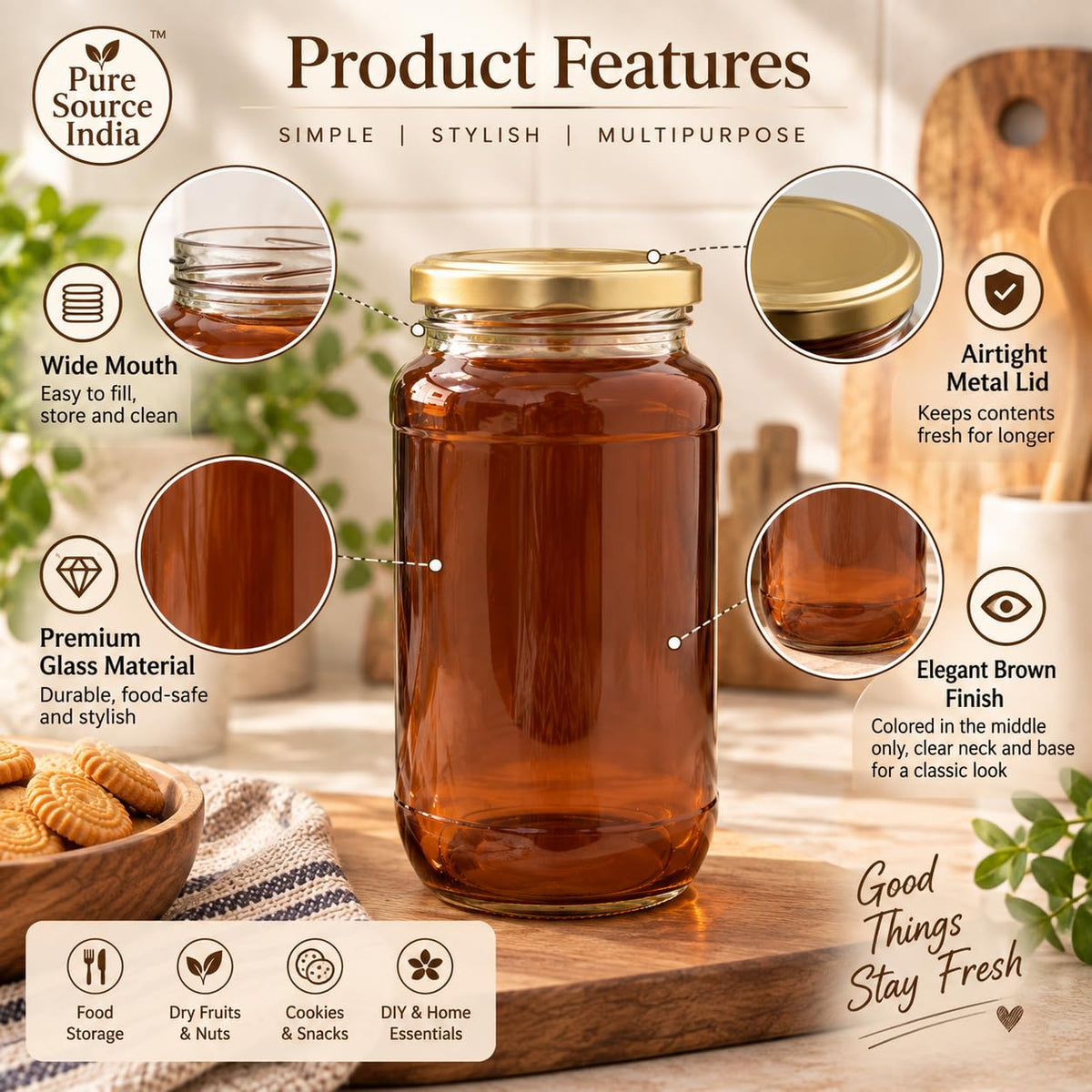 Pure Source India 1000ml Amber Glass Jar with Gold Metal Lid, Airtight Kitchen & Pantry Container, Multipurpose Food Storage Jar