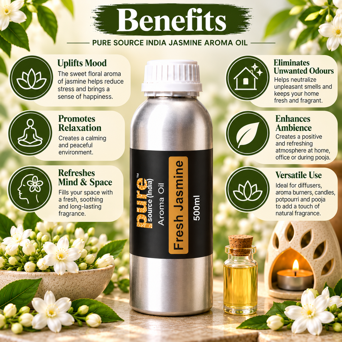 Pure Source India Fresh Jasmine Aroma Oil, 500ml | Concentrated Fragrance Oil for Candle Making, Aroma Burners, Potpourri & Home Fragrance
