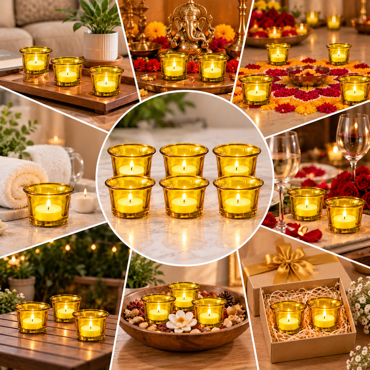 Pure Source India Yellow Makhan Votive Glass Tealight Candle Holder Set of 6 With Tealight for Diwali, Pooja, Rangoli & Home Décor