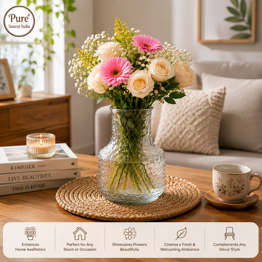 Pure Source India Modern 8 Inch Glass Flower Vase – Hammered Texture Decorative Tabletop Vase for Flowers & Home Decor