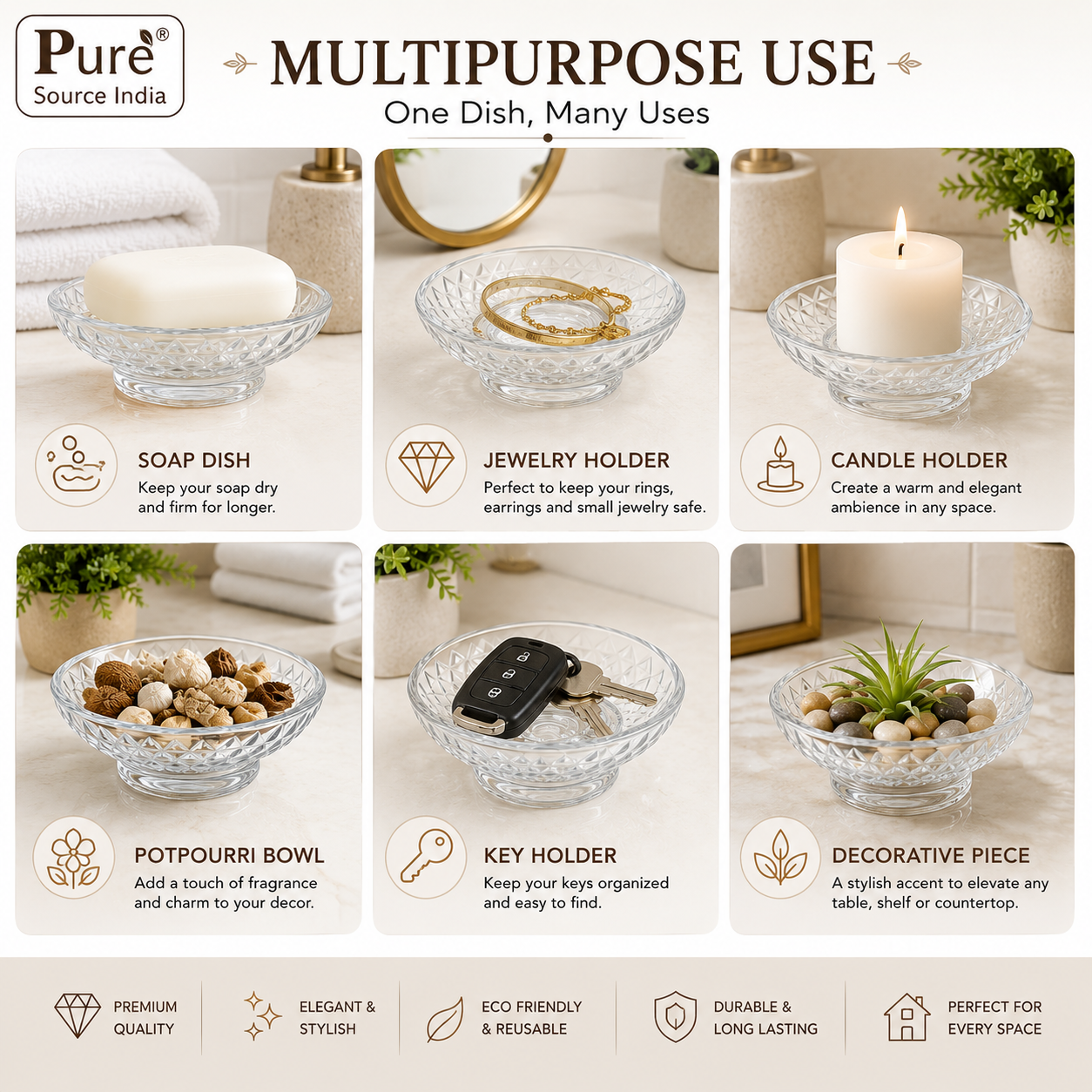Pure Source India Crystal Glass Soap Dish for Bathroom 4.5 Inch| Elegant Transparent Soap Holder with Anti-Slip Design | Ideal for Washbasin, Shower & Kitchen Counter