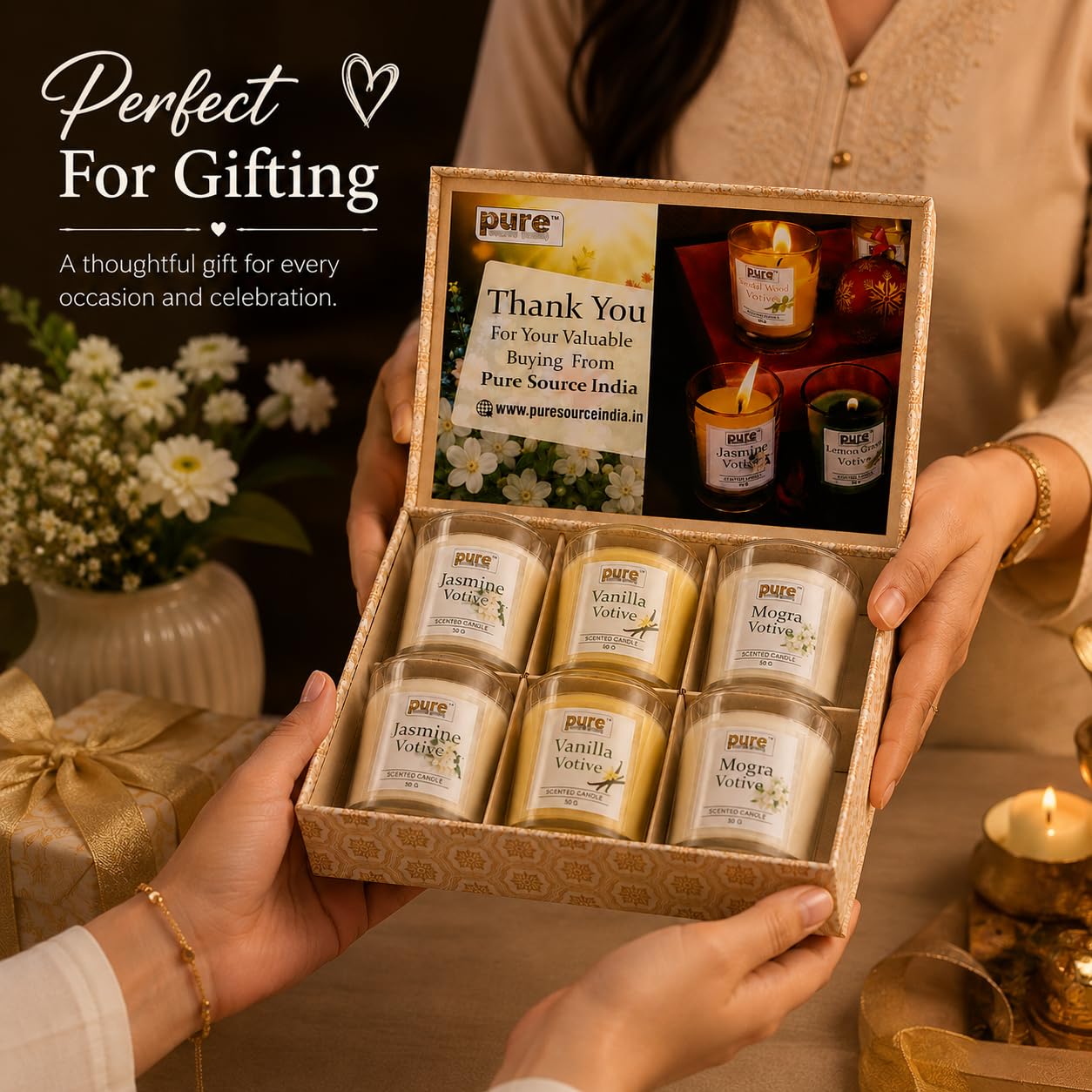 Pure Source India Premium Scented Candle Gift Box Set of 6 (50g Each) | for Home Décor, Diwali, Bedroom, Spa, Meditation & Gifting (Jasmine, Vanilla & Mogra)