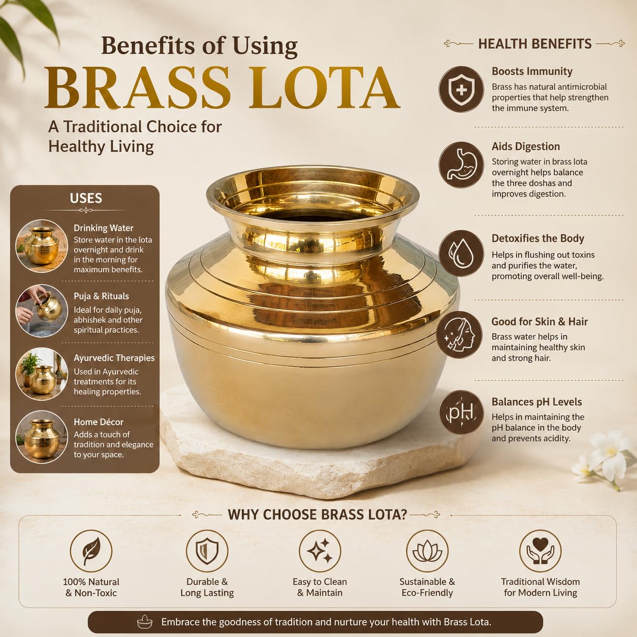 Pure Source India Brass Lota for Puja | Brass Kalash 500 ML | 4 Inch Gold Finish Traditional Pooja Lota | Hindu Religious Pooja Item for Home Temple & Decoration
