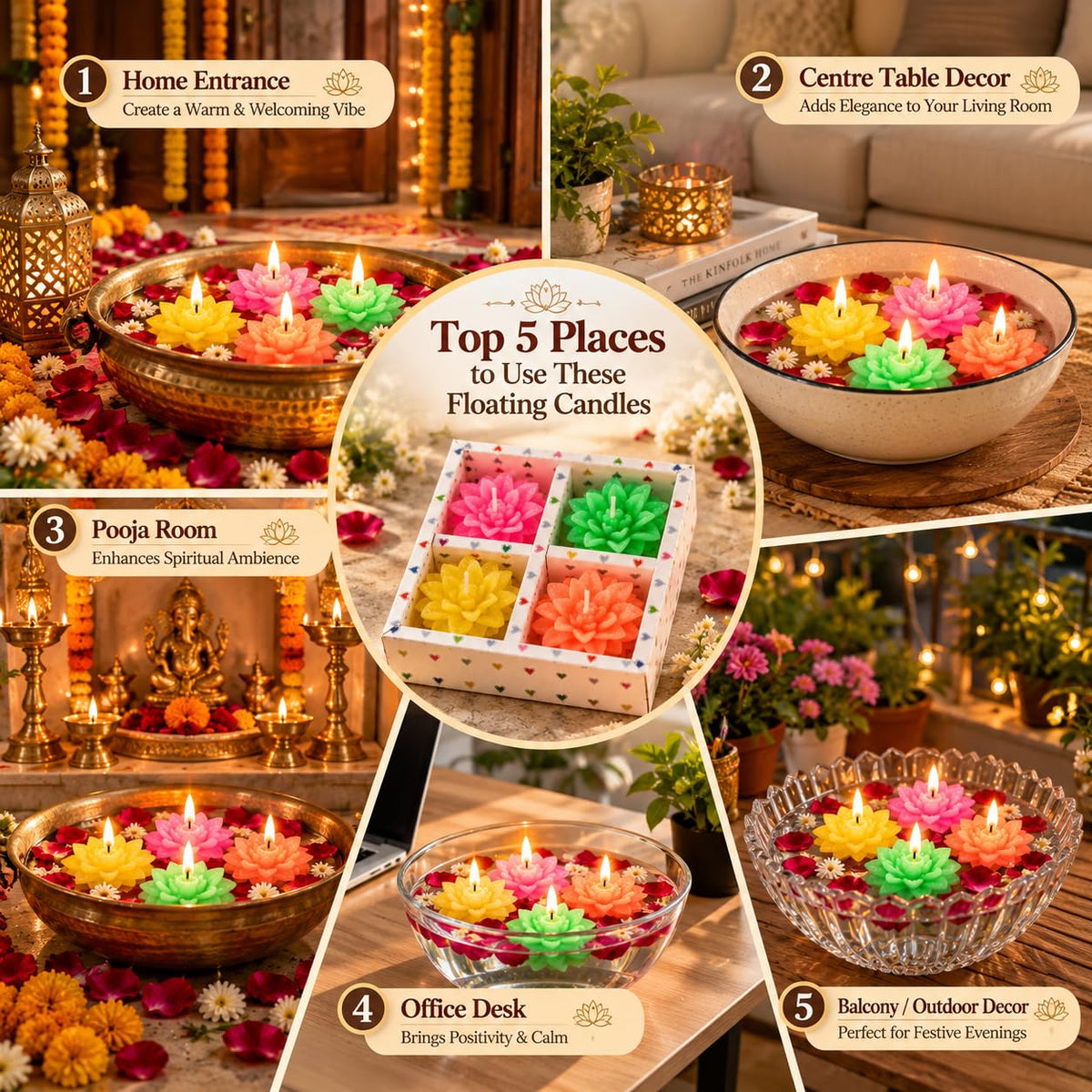 Pure Source India Lotus Floating Candles Set of 4 for Festivals & Decor