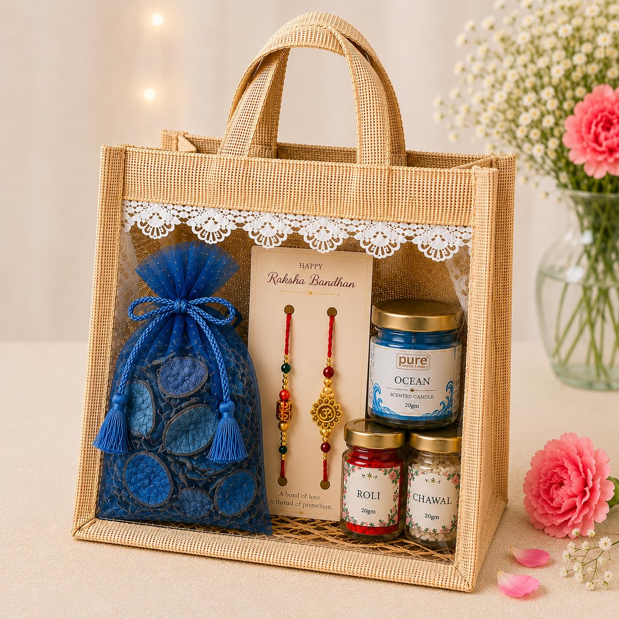 Pure Source India Raksha Bandhan Gift Hamper for Brother | Premium Jute Gift Bag with 2 Designer Rakhi, Scented Candle, Potpourri, Roli & Chawal