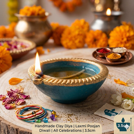 Pure Source India Elegant Blue Color (1 Pieces)Traditional Handmade Earthen Clay Big Size Diya for Laxmi Pooja| Premium Terracotta Akhand Jyoti for Diwali, Puja & Festive Décor