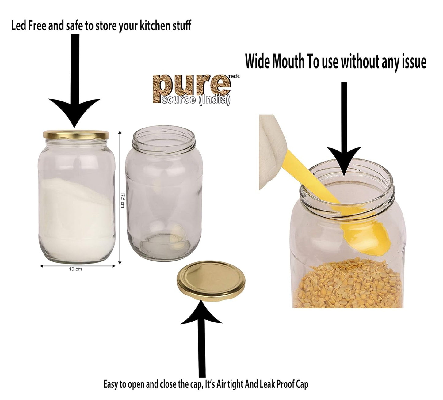 Pure Source India 1 Litre Glass Storage Jar with Airtight Lid | Food-Safe Multipurpose Container for Kitchen & Pantry | Dry Fruits, Spices, Tea, Coffee, Sugar, Snacks & Grocery Storage