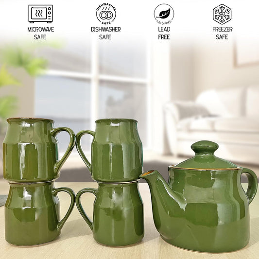 Pure Source India Ceramic Tea Cup Set with Kettle & Serving Tray | 4 Cups 200ml + 700ml Teapot + Tray | 6 Piece Tea Set for Gifting & Daily Use