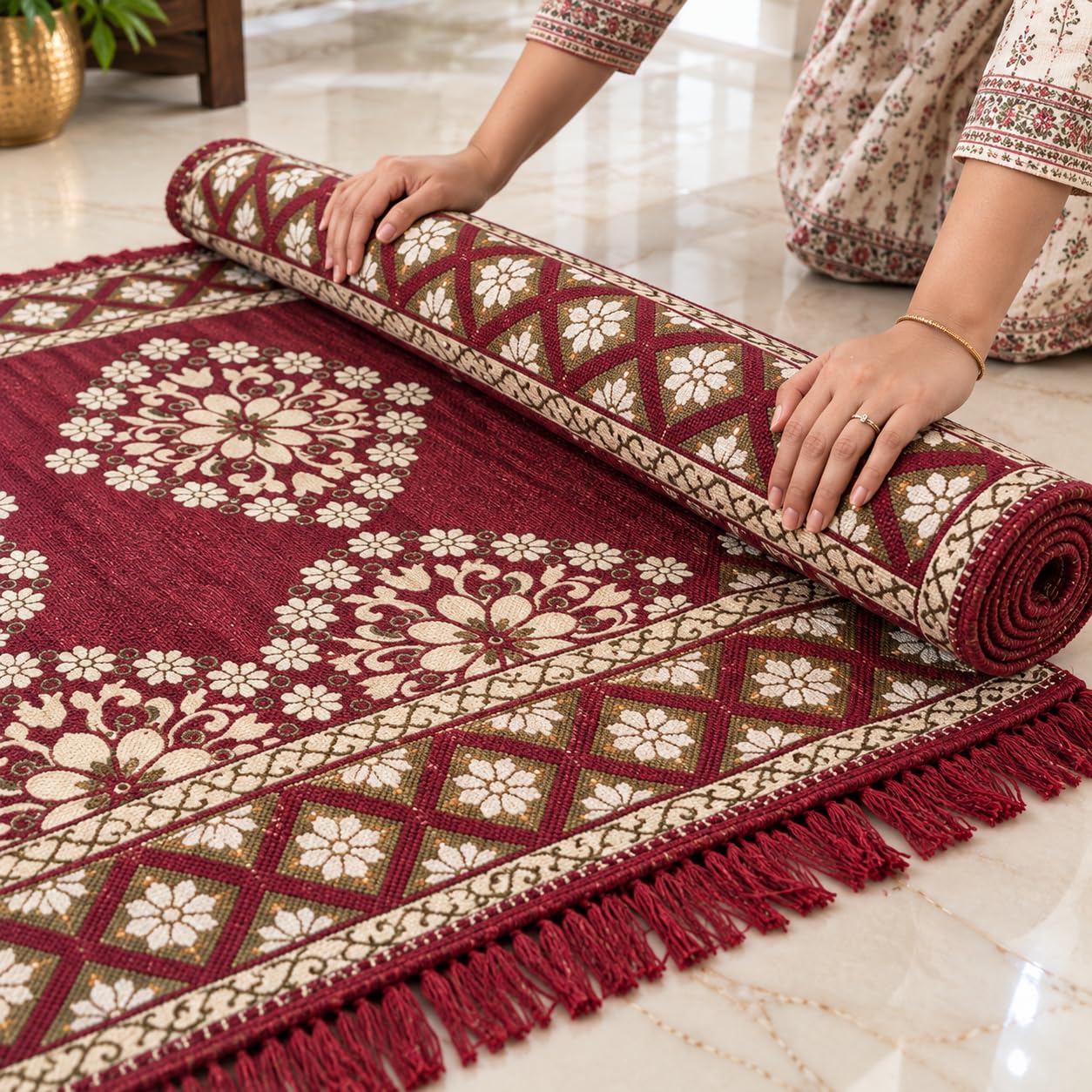 Pure Source India Maroon Cotton Yoga Mat for Women and Men, 2X6 feet, 3mm thick, Light Weight, Machine Washable, Home Exercise