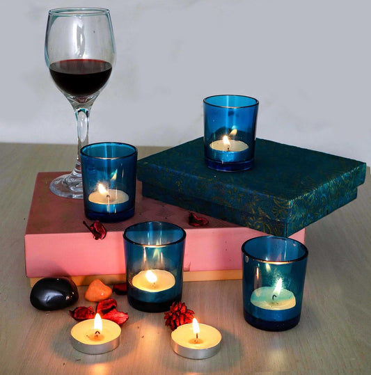 Pure Source India Set of 6 Blue Glass Votive Tealight Candle Holders - Living Room Side Table Home Decoration (Glass)