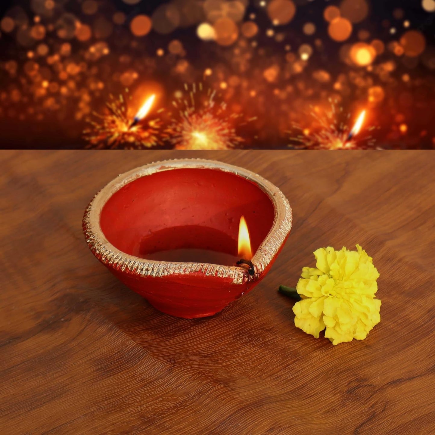 Pure Source India Traditional Handmade Earthen Clay Big Size Diya for Laxmi Pooja Multi Colour