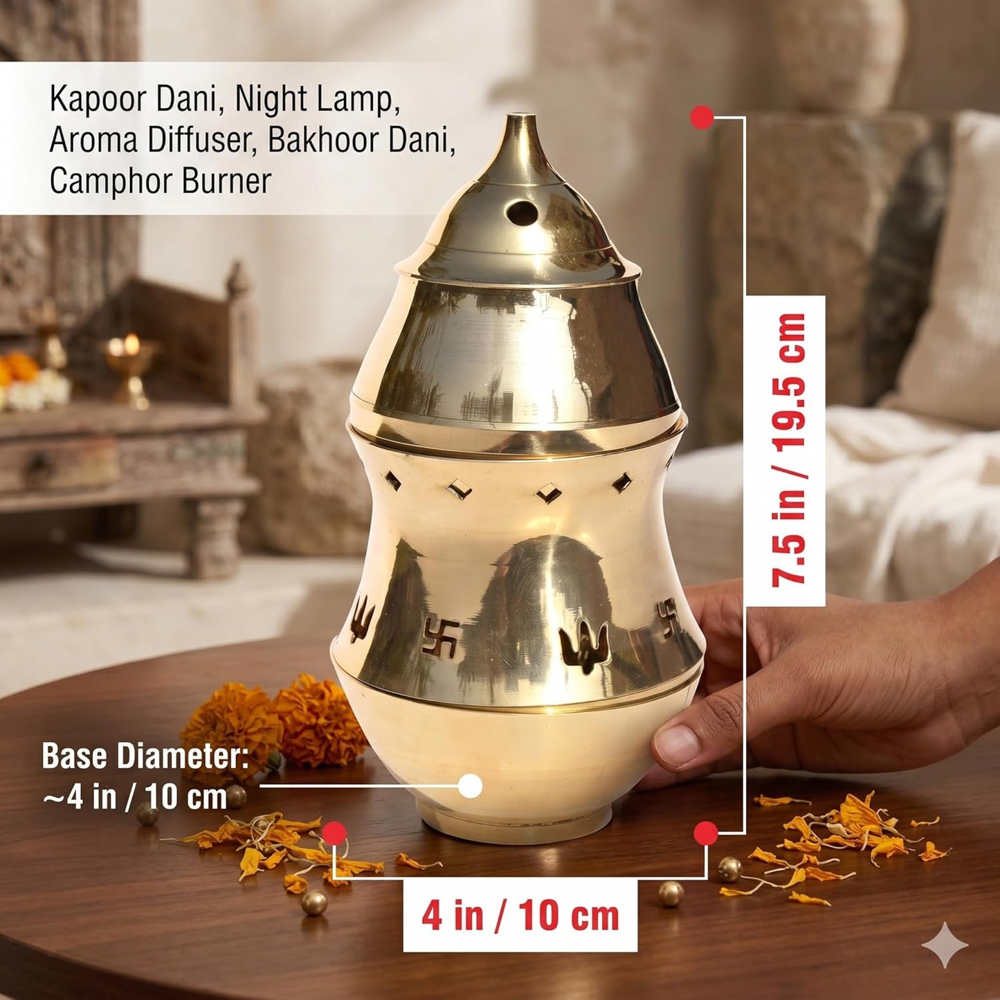 Brass Kapoor dani with Night lamp, Aroma Diffuser, Bakhoor dani,Camphor Burner (19.5 CM Gold)