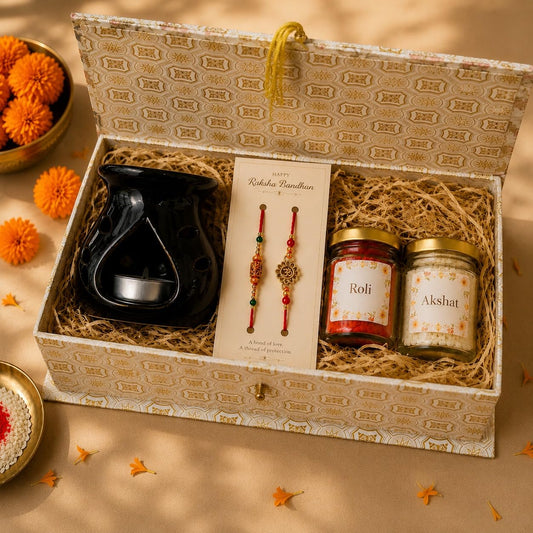 Pure Source India Rakhi Gift Set with Ceramic Aroma Burner, Premium Rakhi, Roli & Akshat | Raksha Bandhan Gift Hamper for Brother & Bhabhi
