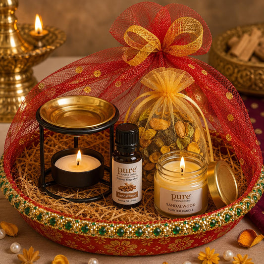 Pure Source India Diwali Gift Set with Brass Aroma Burner, Aroma Oil, Scented Candle & Potpourri Potli | Festive Home Fragrance Gift Hamper