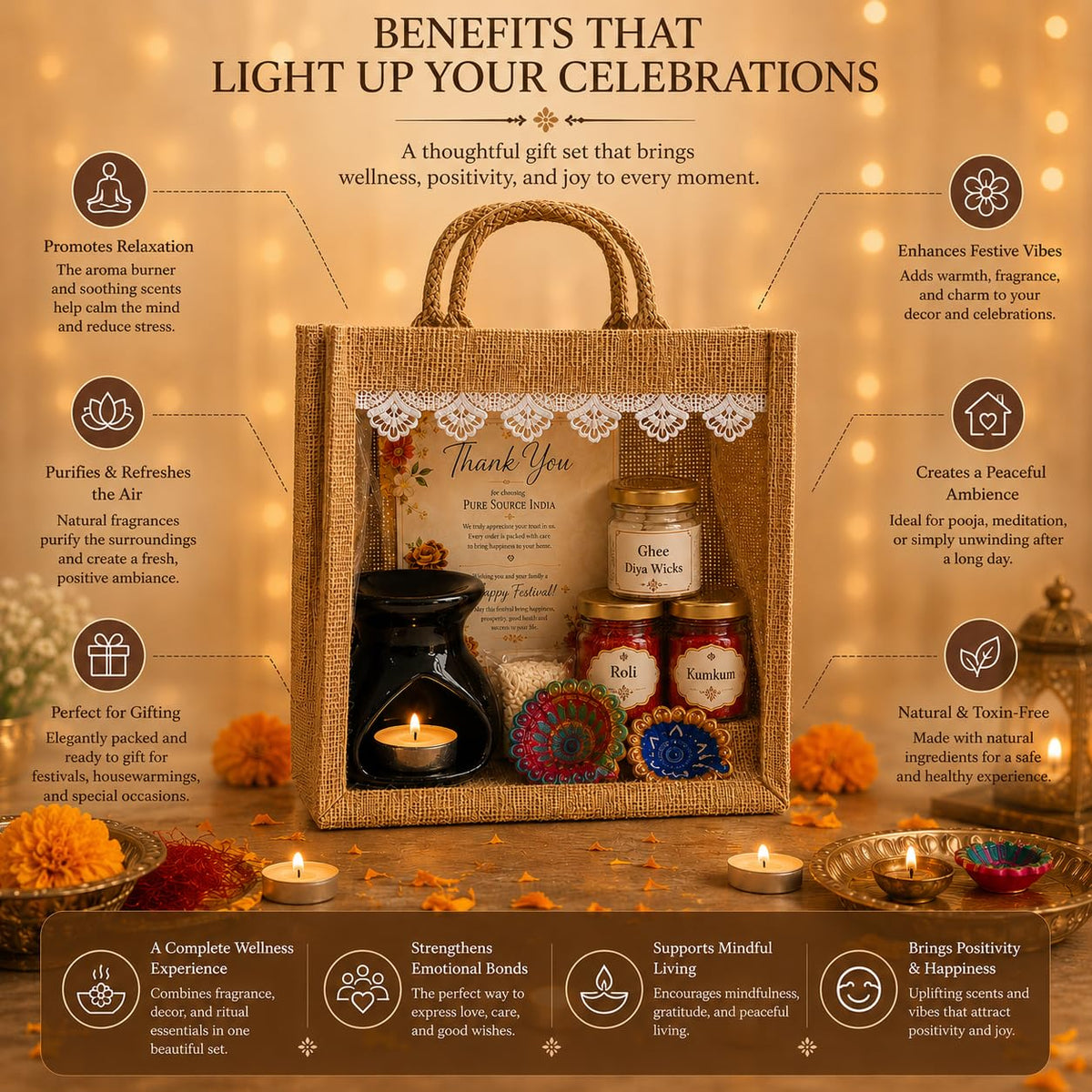 Pure Source India Diwali Pooja Gift Set with Roli Kumkum & Ghee Wicks (Black)