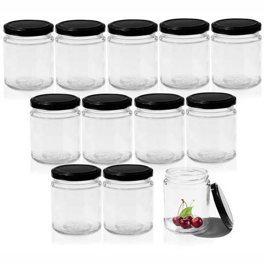 Pure Source India 50 g Crystal Clear Round Glass Jar with Black Cap, Set of 12 | Airtight Food-Grade Storage Container | Rust-Free Jar for Spices, Dry Fruits, Sugar, Tea, Coffee & Kitchen Storage