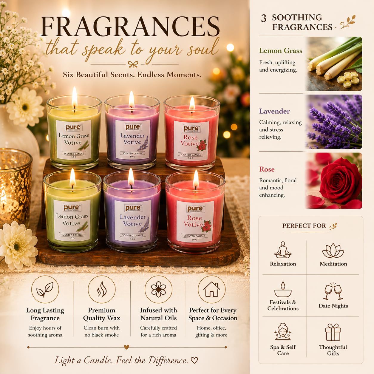 Pure Source India Premium Scented Candle Gift Box Set of 6 (50g Each) | for Home Décor, Diwali, Bedroom, Spa, Meditation & Gifting (Lemongrass, Lavender & Rose)