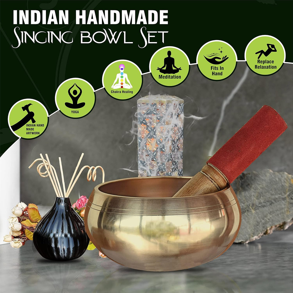 Pure Source India - 5 inches -Singing Bowl Set Singing bowl Mallet Meditation Sound Bowl Musical Instrument for Stress Relief and Meditation Music Gold
