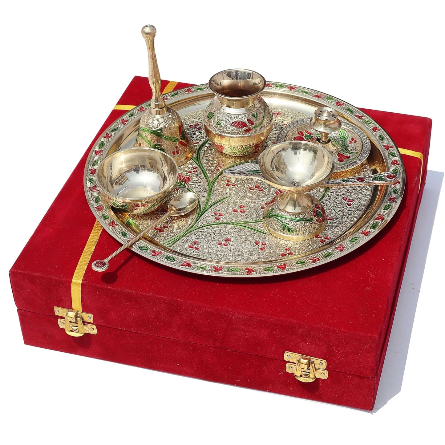 Flower Embossed Colourful Meenakari Decorated Premium Brass Pooja Thali Set with Red Velvet Box, Festival Religious Return Gift Item