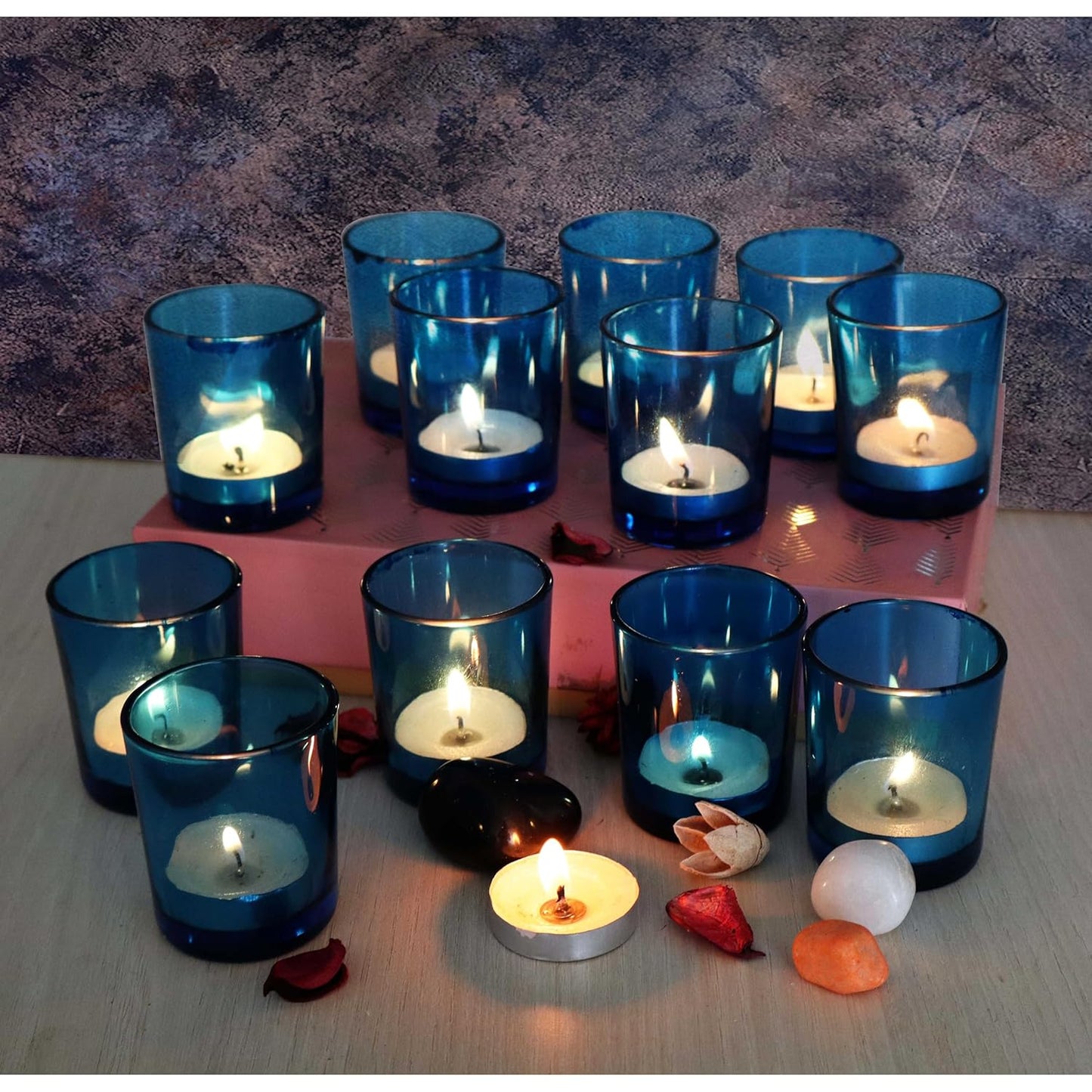 Pure Source India Set of 6 Blue Glass Votive Tealight Candle Holders - Living Room Side Table Home Decoration (Glass)