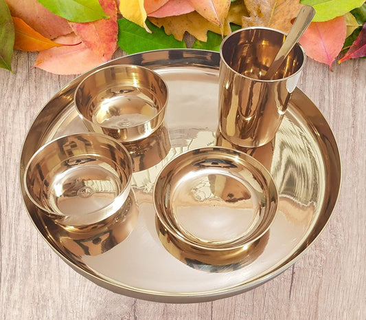 Pure Source India Kansa Solid Thali Set for Home, Kitchen, Dinning Table, Hotel & Gifting Purpose Set of 6 (Gold)