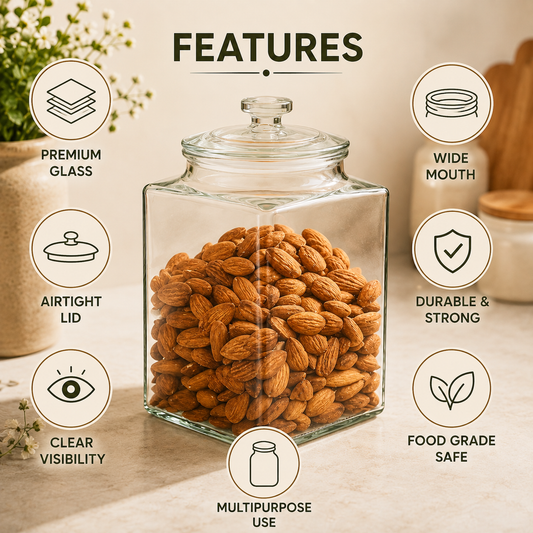 Pure Source India Square Shape 3L Glass Jar with Airtight Glass Lid For Pickle, Dry Fruit, Home Kitchen, Pantry Tea & Spice etc