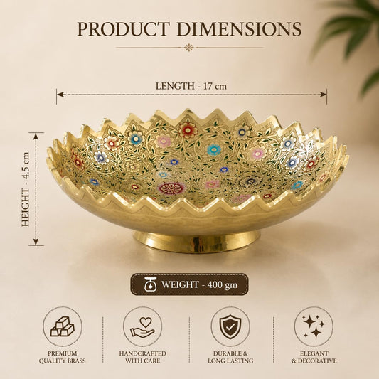 Pure Source India Handcrafted Brass Decorative Bowl with Colorful Floral Enamel Work | Multipurpose Centerpiece, Fruit Bowl, Floating Candle Urli & Potpourri Holder | Home Décor & Gifting