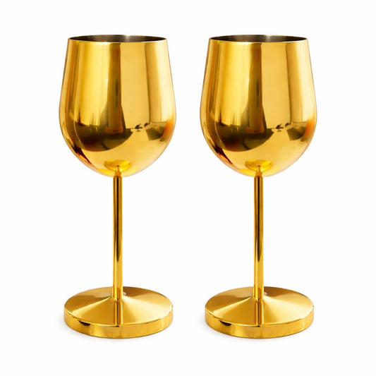 Pure Source India Stainless Steel Gold Plated Wine Glass Set of 2 | 350ML Premium Metal Wine Goblets | 8.5 Inch Elegant Stemware for Home, Party, Dining, Wedding & Gifting