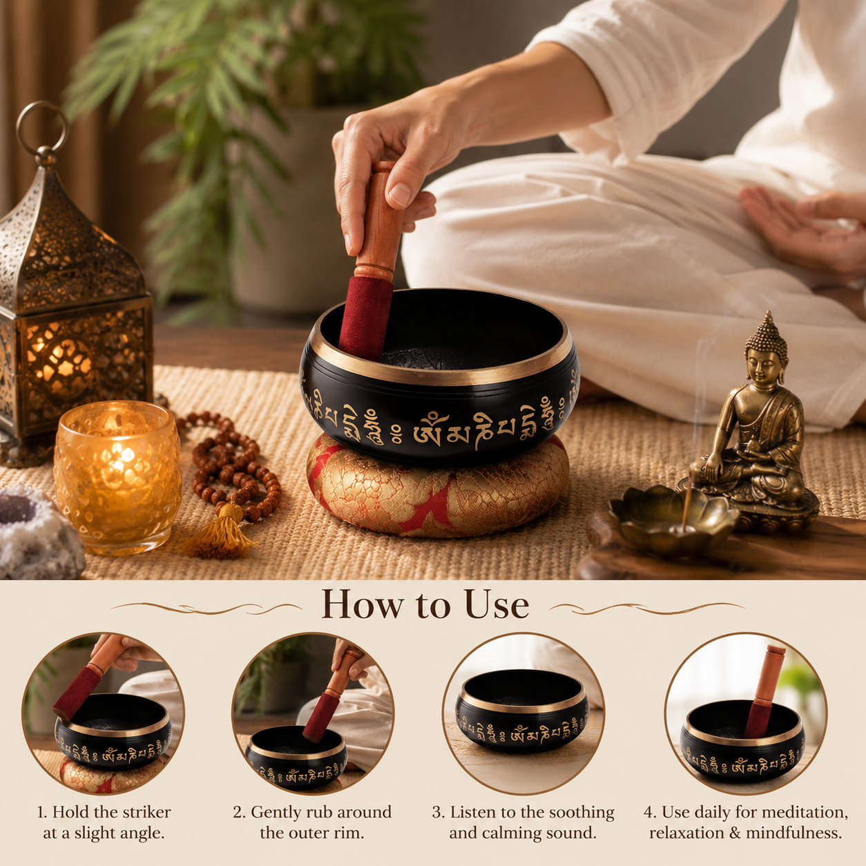 Pure Source India Tibetan Singing Bowl with Striker Stick, 5.75 Inch | OM Design Meditation Bowl | Buddhist Prayer & Sound Therapy Instrument for Meditation, Yoga, Relaxation & Spiritual Practice