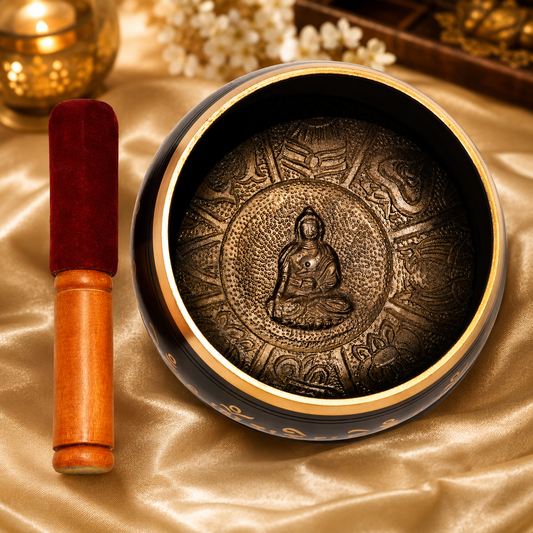Pure Source India Tibetan Singing Bowl with Striker Stick, 5.75 Inch | OM Design Meditation Bowl | Buddhist Prayer & Sound Therapy Instrument for Meditation, Yoga, Relaxation & Spiritual Practice