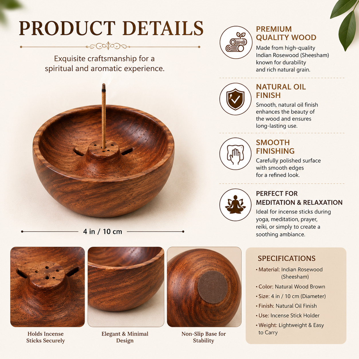 Wooden Round Incense Stick Holder |Agarbatti Stand| Incense Burner, Incense Ash Catcher for Temple, Home & Office (3.7 INCH)