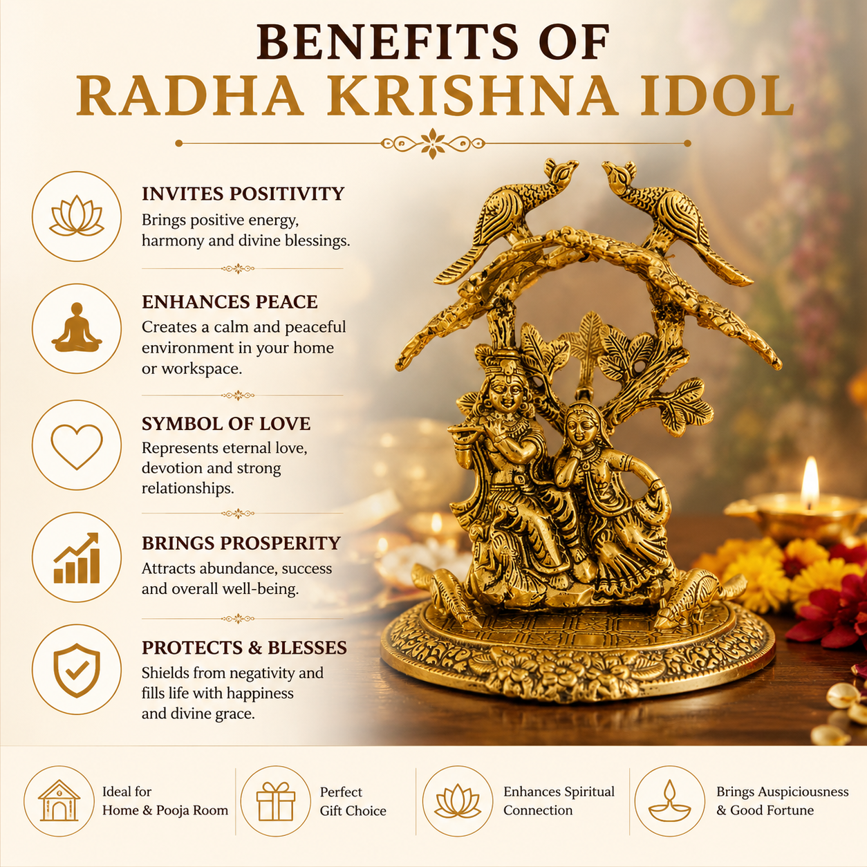 Radha Krishna Brass Look Idol Under Tree with Peacocks, Hindu Spiritual Statue for Home Decor & Gift, 8 Inch