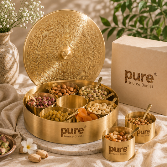 Pure Source India Brass Spice Box Set for Kitchen with Spoon (7 Containers,125 ml Each) with 7 spoon