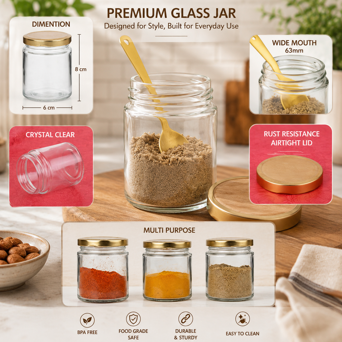 Pure Source India 50 GRM Crystal Clear Round Glass Jar Container Airtight Food Safe BPA Free, Multi-Purpose Jars – 50 Gm