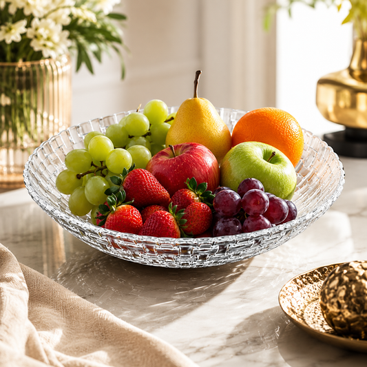 Pure Source India Glass Floral Fruit Bowl for Dining Table Decoration, Home Decor & Gifting Purpose- 1 Piece, Transparent, 10 Inch