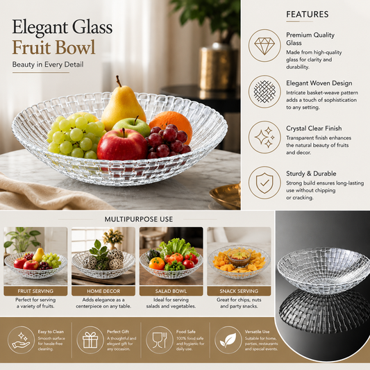Pure Source India Glass Floral Fruit Bowl for Dining Table Decoration, Home Decor & Gifting Purpose- 1 Piece, Transparent, 10 Inch