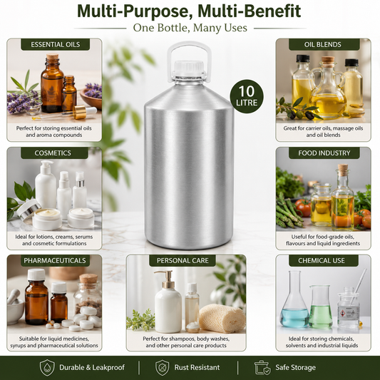 Pure Source India Aluminum Empty Bottle 10 Ltr. with Inner Lid & Cap – Ideal for Essential Oils, Oil Blends, Cosmetics and Liquid Storage