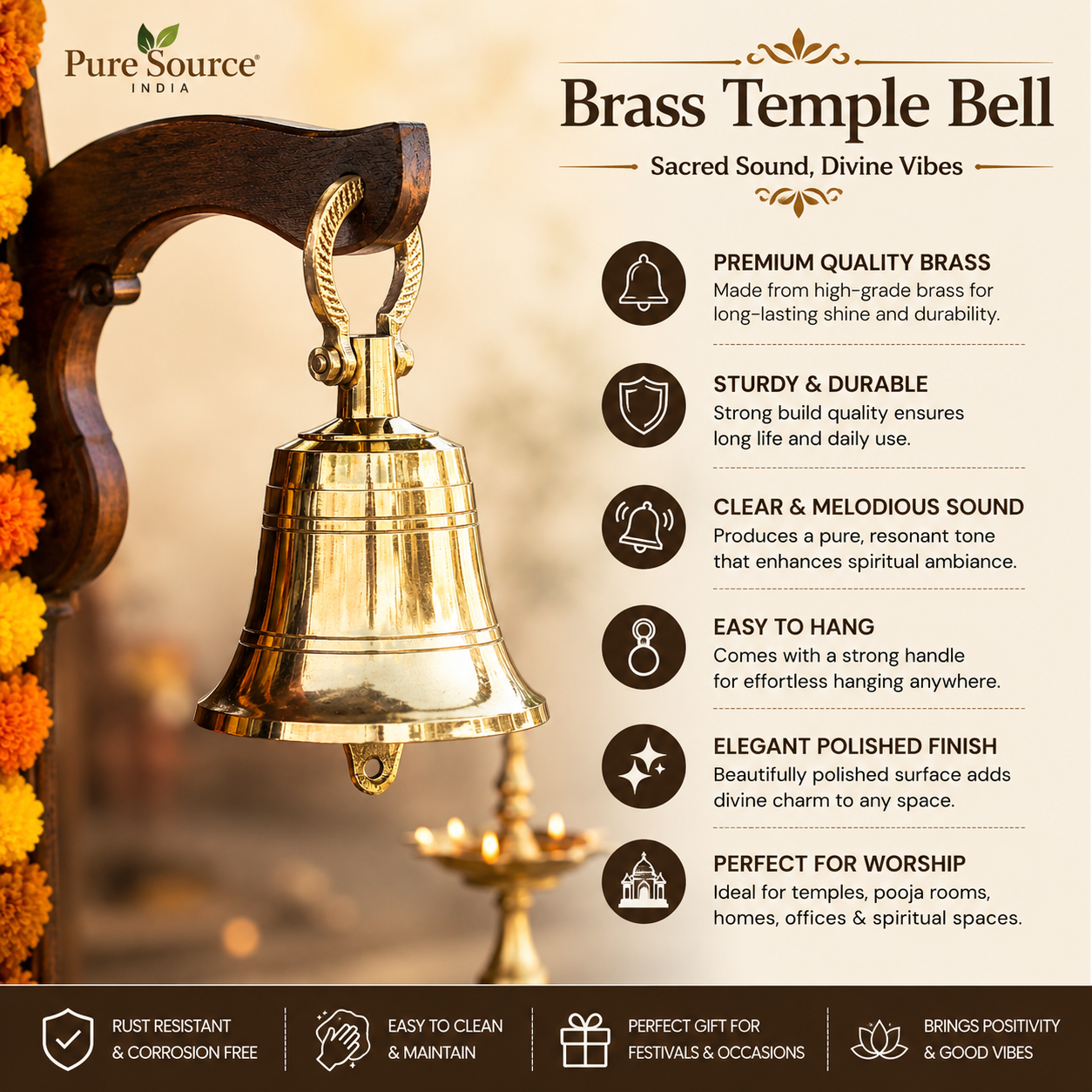 Brass Bell Temple Ghanta Pooja Bell (1 KG, Gold)