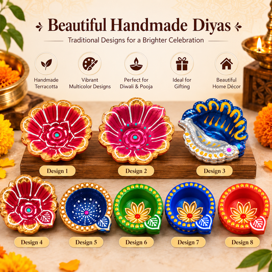 Pure Source India Handmade Terracotta Diya – Decorative Multicolor Clay Oil Lamp for Diwali, Pooja, Mandir & Festive Decor